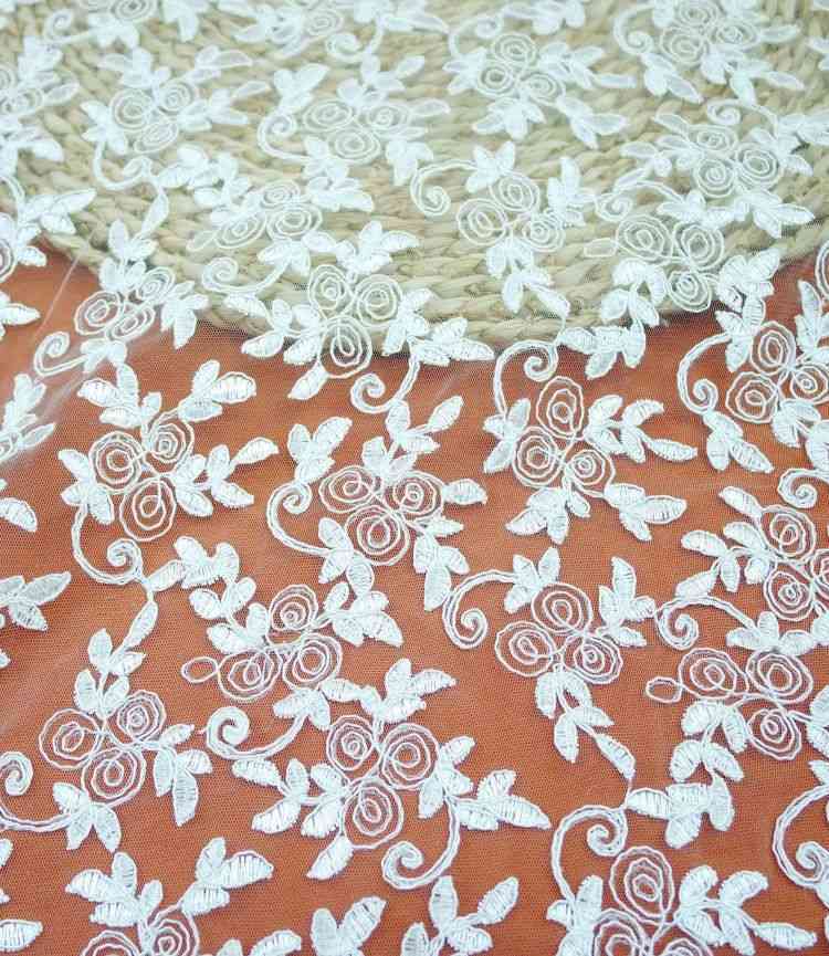 1 Yard White Corded Embroidered Bridal Lace Material Fabric JS055