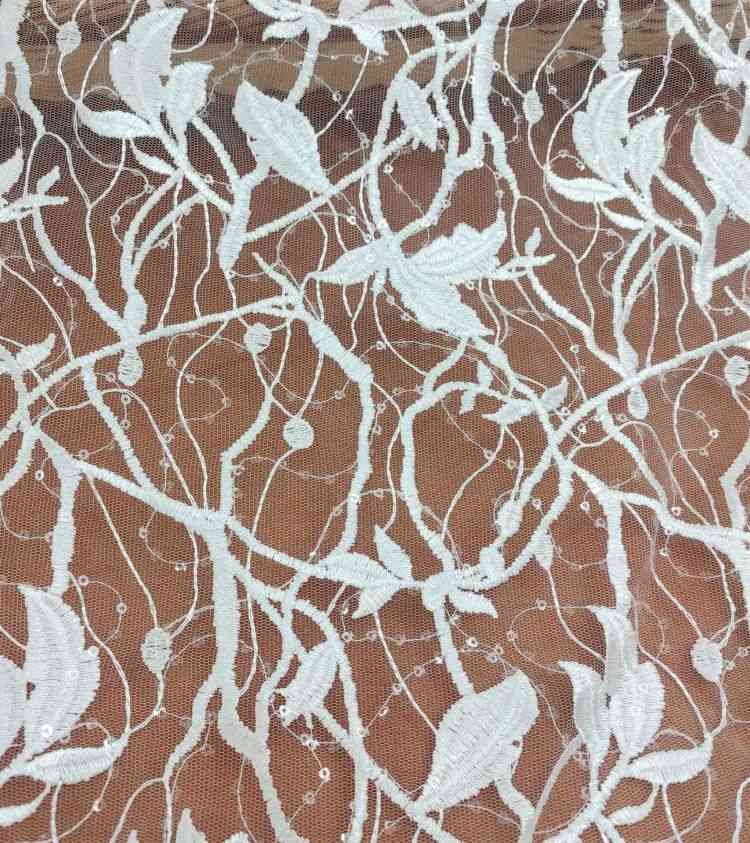 1 Yard White Sequined Embroidered Bridal Lace Material Fabric JS052