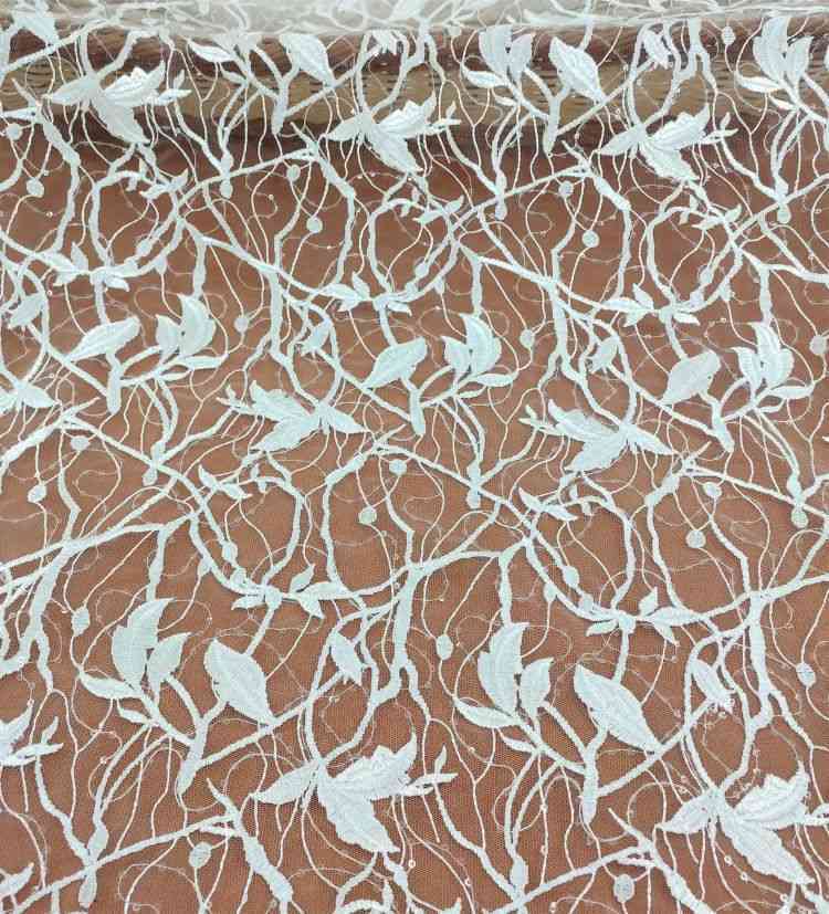1 Yard White Sequined Embroidered Bridal Lace Material Fabric JS052