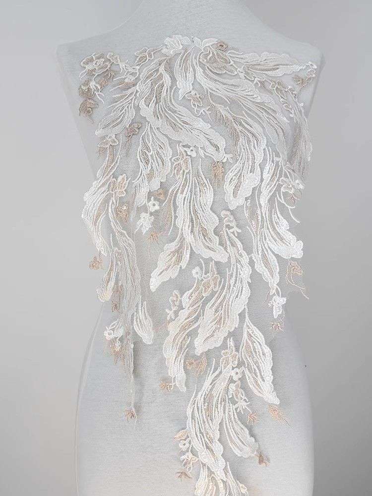1 Yard Pair White Sequined Beaded Corded Guipure Chantilly Embroidered 3D Floral Bridal Lace Trim Applique Material Fabric JB024