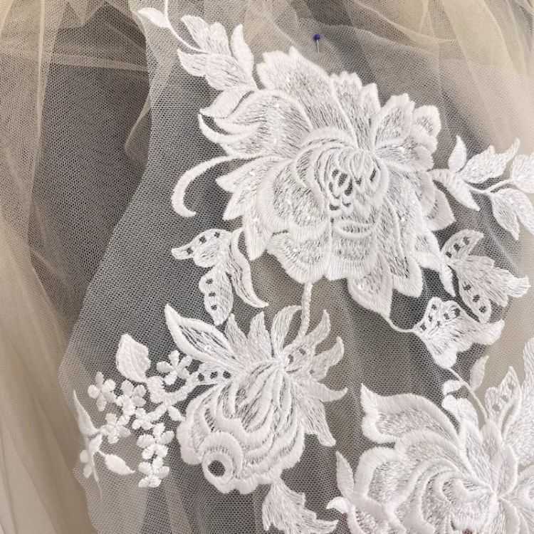 1 Yard Pair White Sequined Beaded Corded Guipure Chantilly Embroidered 3D Floral Bridal Lace Trim Applique Material Fabric JB020