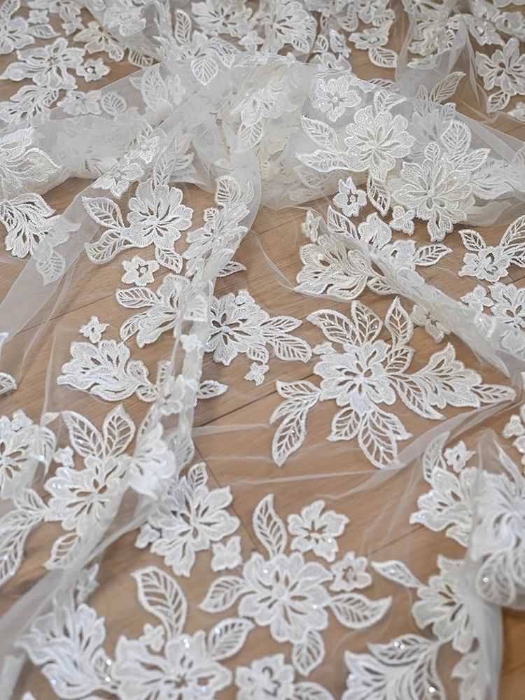 1 Yard Pair White Sequined Beaded Corded Guipure Chantilly Embroidered 3D Floral Bridal Lace Trim Applique Material Fabric