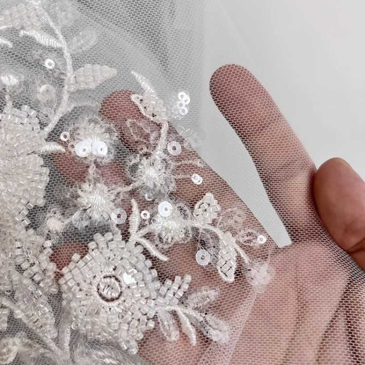 1 Yard Pair White Sequined Beaded Corded Guipure Chantilly Embroidered 3D Floral Bridal Lace Trim Applique Material Fabric JB026