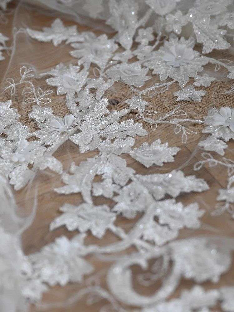 1 Yard White Sequined Beaded Corded Guipure Chantilly Embroidered 3D Floral Bridal Lace Trim Applique Material Fabric JB007