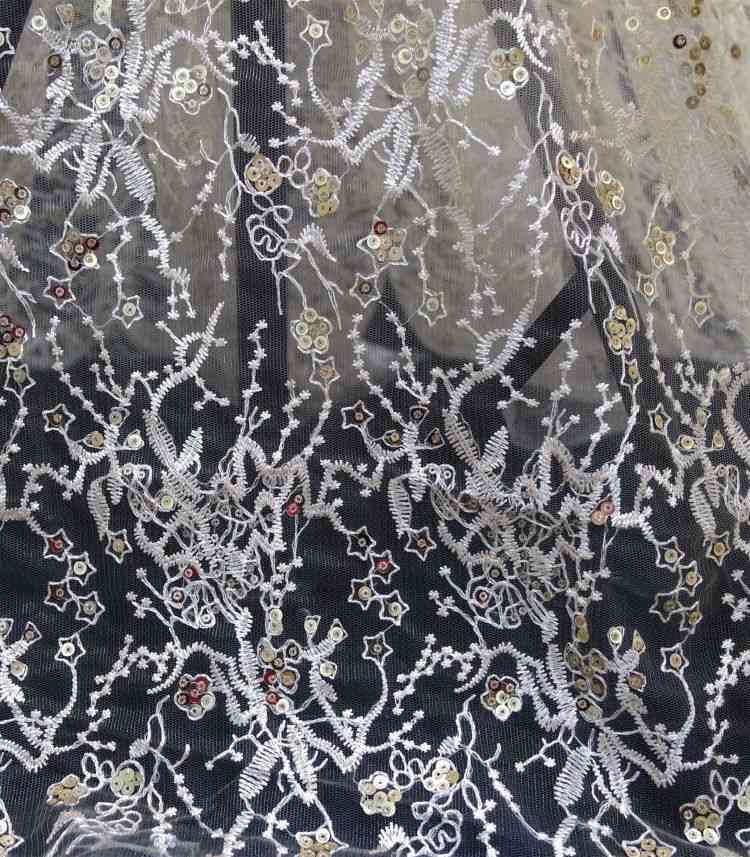1 Yard White Sequined Beaded Multi-Color Corded Guipure Chantilly Embroidered 3D Floral Bridal Lace Material Fabric JS094