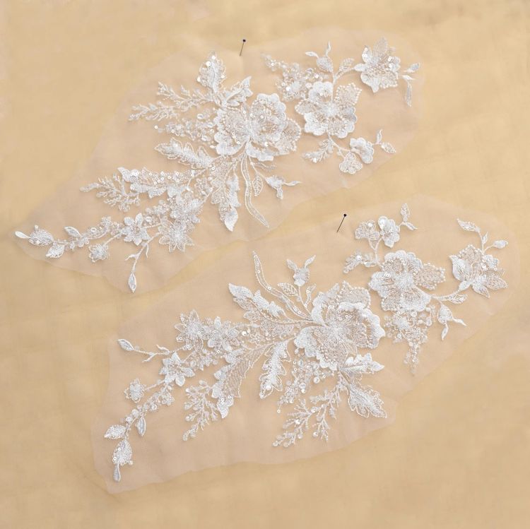 1 Yard Pair White Sequined Beaded Corded Guipure Chantilly Embroidered 3D Floral Bridal Lace Trim Applique Material Fabric JB022