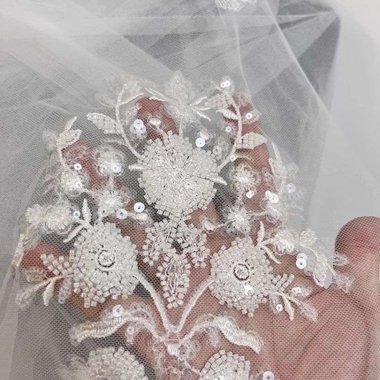 1 Yard Pair White Sequined Beaded Corded Guipure Chantilly Embroidered 3D Floral Bridal Lace Trim Applique Material Fabric JB026