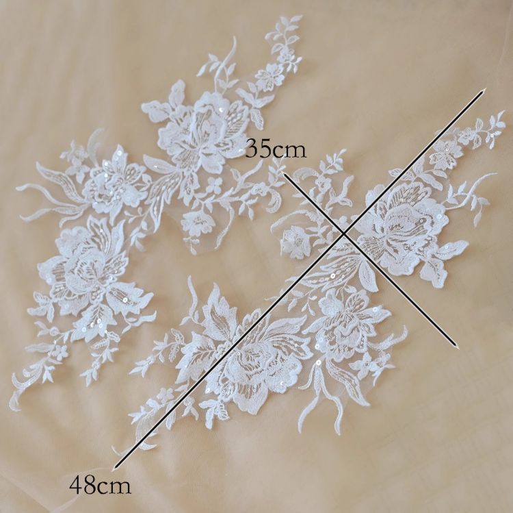 1 Yard Pair White Sequined Beaded Corded Guipure Chantilly Embroidered 3D Floral Bridal Lace Trim Applique Material Fabric JB013