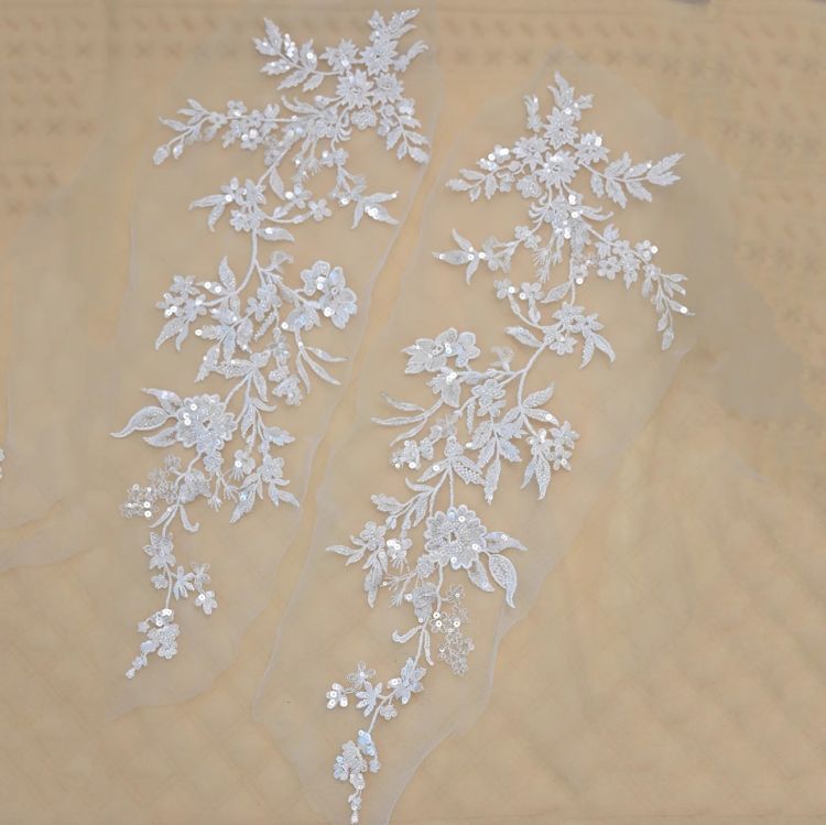 1 Yard Pair White Sequined Beaded Corded Guipure Chantilly Embroidered 3D Floral Bridal Lace Trim Applique Material Fabric JB021