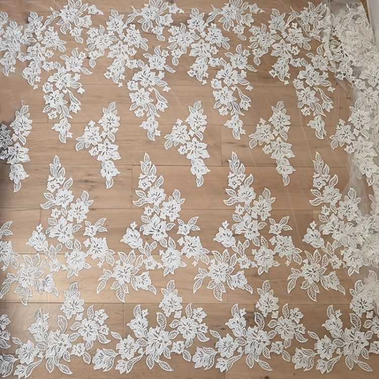 1 Yard Pair White Sequined Beaded Corded Guipure Chantilly Embroidered 3D Floral Bridal Lace Trim Applique Material Fabric