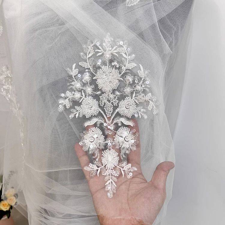 1 Yard Pair White Sequined Beaded Corded Guipure Chantilly Embroidered 3D Floral Bridal Lace Trim Applique Material Fabric JB026