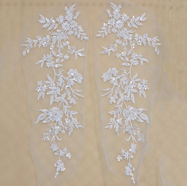 1 Yard Pair White Sequined Beaded Corded Guipure Chantilly Embroidered 3D Floral Bridal Lace Trim Applique Material Fabric JB021