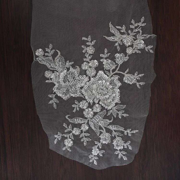 1 Yard Pair White Sequined Beaded Corded Guipure Chantilly Embroidered 3D Floral Bridal Lace Trim Applique Material Fabric JB017