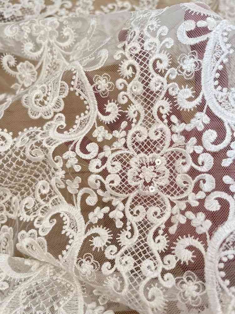 1 Yard Pair White Sequined Beaded Corded Guipure Chantilly Embroidered 3D Floral Bridal Lace Trim Applique Material Fabric JB029