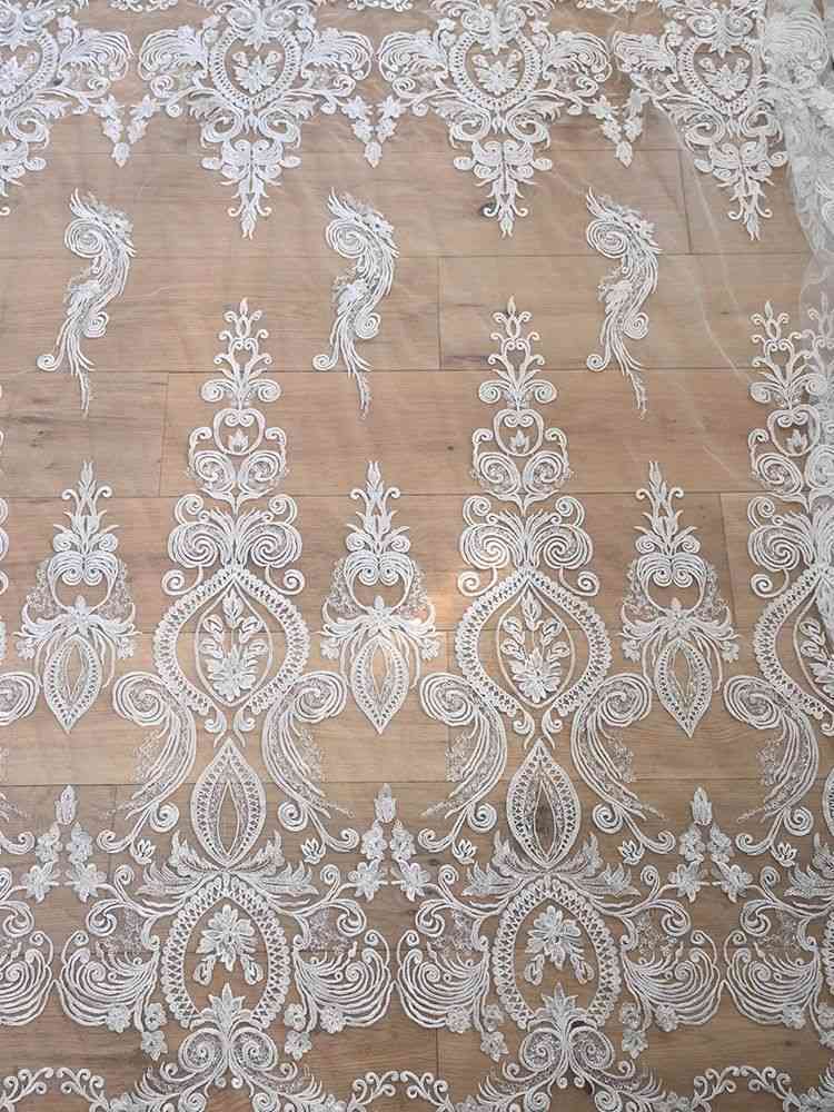 1 Yard White Sequined Beaded Corded Guipure Chantilly Embroidered 3D Floral Bridal Lace Trim Applique Material Fabric JB002