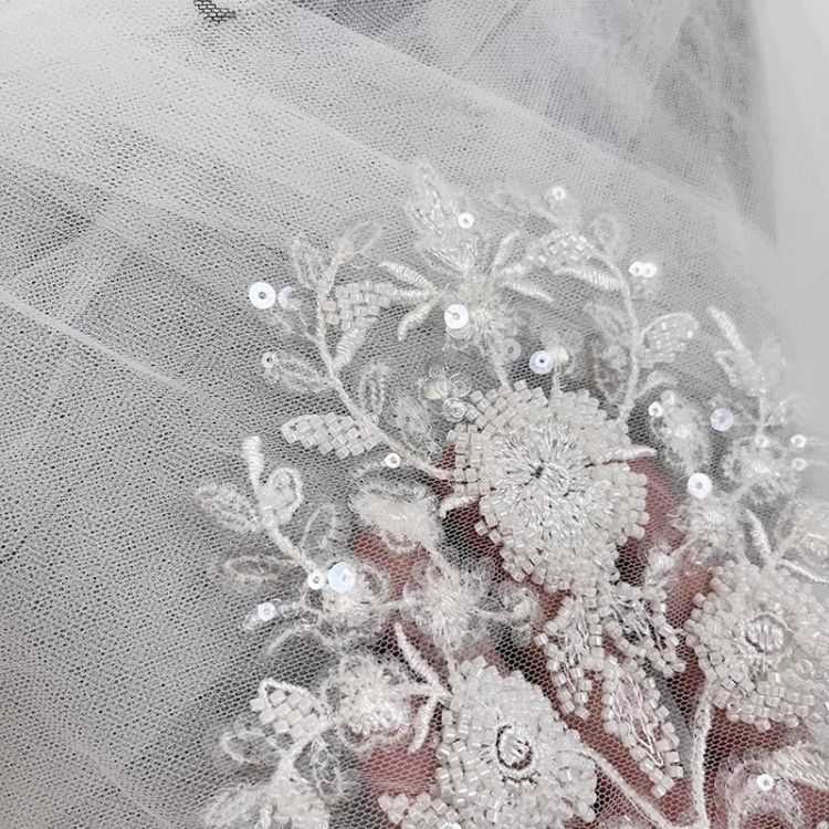 1 Yard Pair White Sequined Beaded Corded Guipure Chantilly Embroidered 3D Floral Bridal Lace Trim Applique Material Fabric JB026