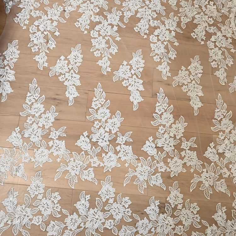 1 Yard Pair White Sequined Beaded Corded Guipure Chantilly Embroidered 3D Floral Bridal Lace Trim Applique Material Fabric