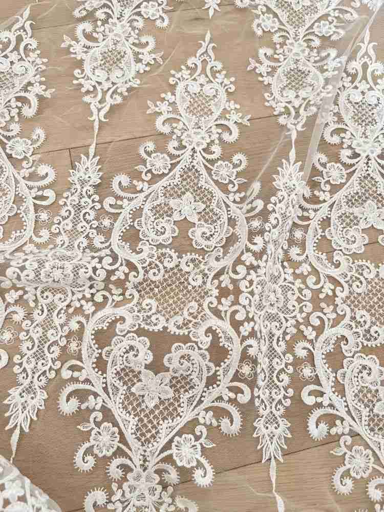 1 Yard Pair White Sequined Beaded Corded Guipure Chantilly Embroidered 3D Floral Bridal Lace Trim Applique Material Fabric JB029