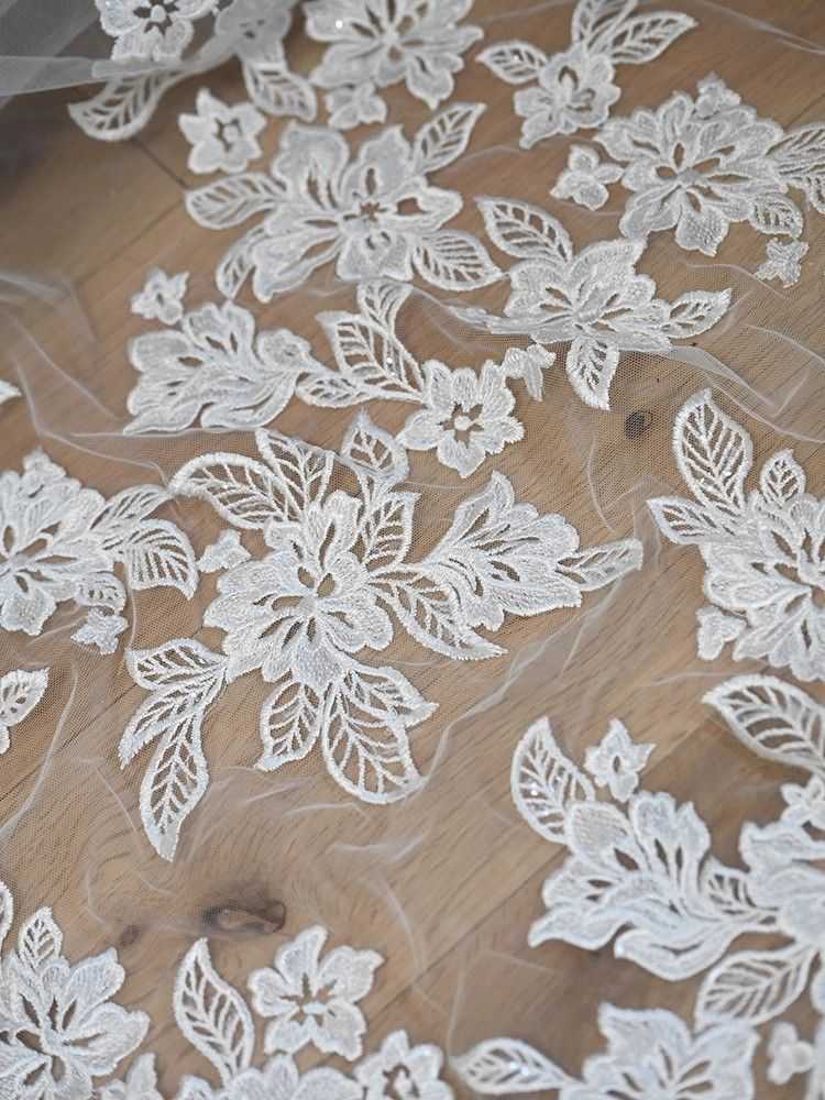 1 Yard Pair White Sequined Beaded Corded Guipure Chantilly Embroidered 3D Floral Bridal Lace Trim Applique Material Fabric