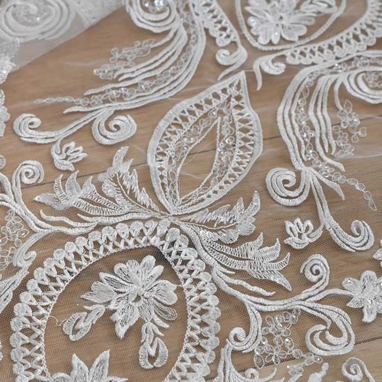 1 Yard White Sequined Beaded Corded Guipure Chantilly Embroidered 3D Floral Bridal Lace Trim Applique Material Fabric JB002