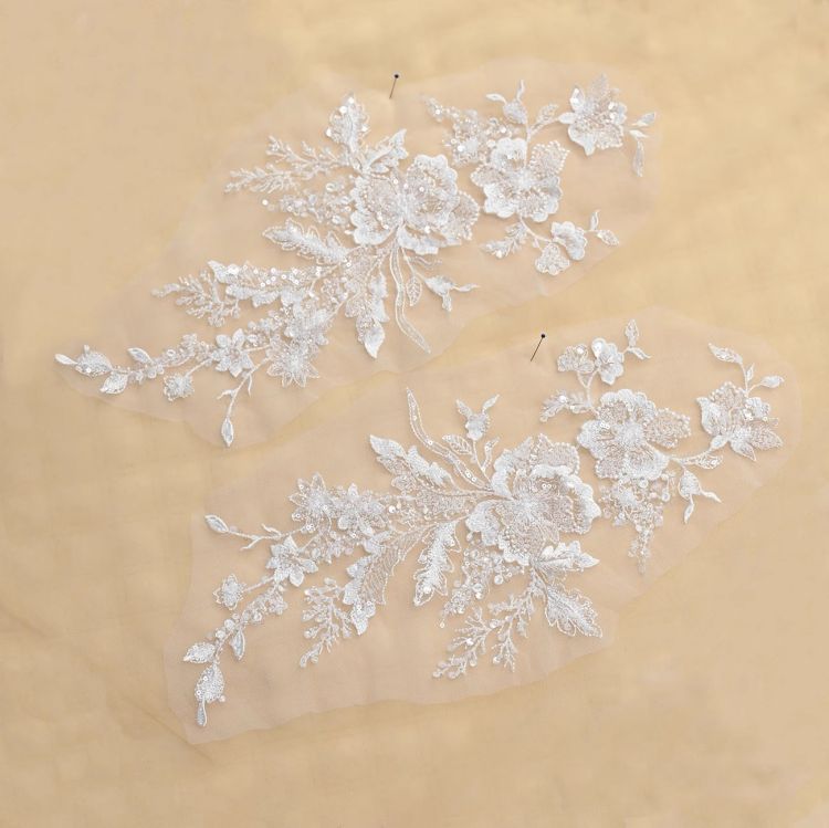 1 Yard Pair White Sequined Beaded Corded Guipure Chantilly Embroidered 3D Floral Bridal Lace Trim Applique Material Fabric JB022