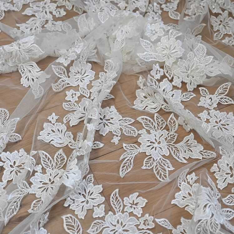 1 Yard Pair White Sequined Beaded Corded Guipure Chantilly Embroidered 3D Floral Bridal Lace Trim Applique Material Fabric