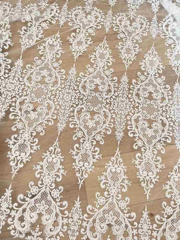 1 Yard Pair White Sequined Beaded Corded Guipure Chantilly Embroidered 3D Floral Bridal Lace Trim Applique Material Fabric JB029