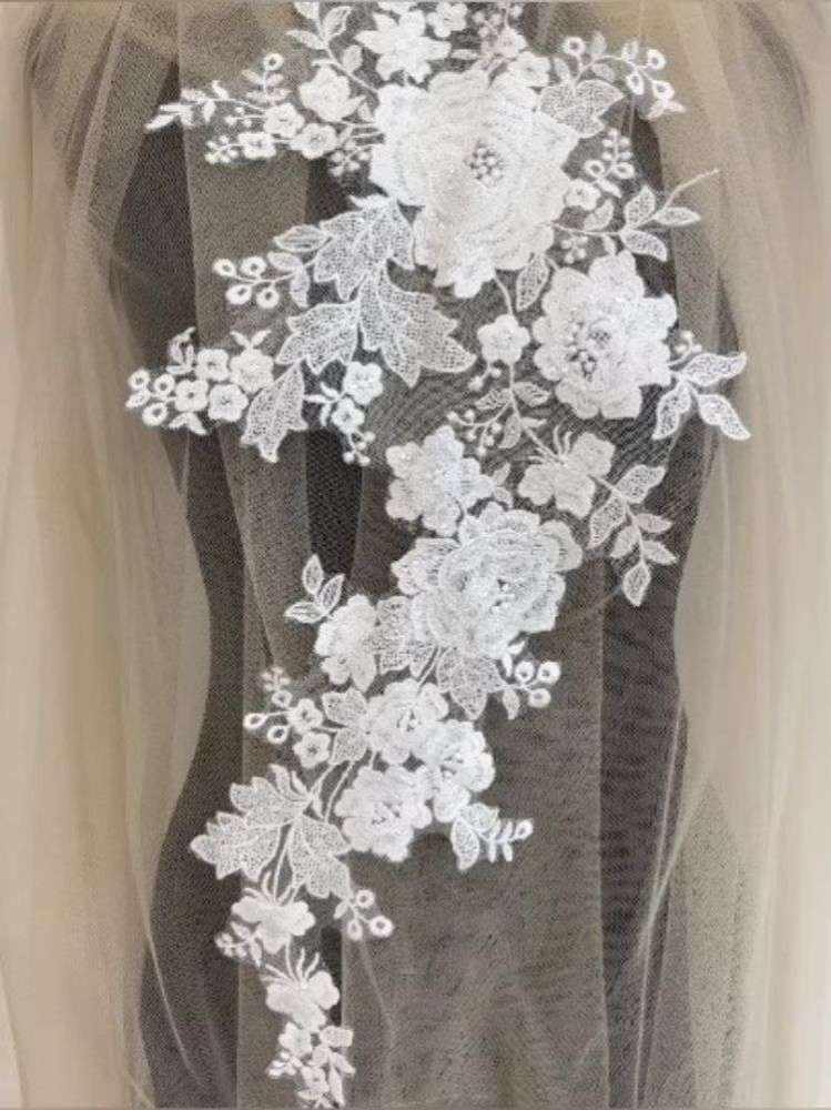 1 Yard Pair White Sequined Beaded Corded Guipure Chantilly Embroidered 3D Floral Bridal Lace Trim Applique Material Fabric JB018