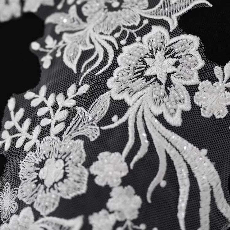 1 Yard Pair White Sequined Beaded Corded Guipure Chantilly Embroidered 3D Floral Bridal Lace Trim Applique Material Fabric JB030