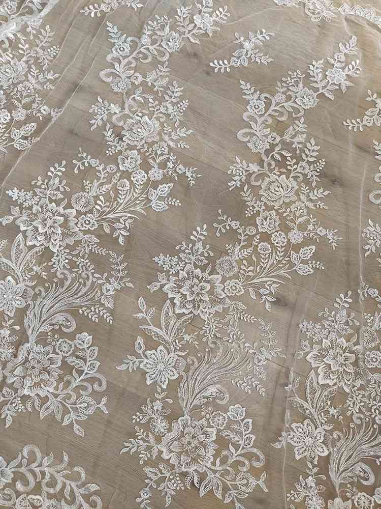 1 Yard White Sequined Beaded Corded Guipure Chantilly Embroidered 3D Floral Bridal Lace Trim Applique Material Fabric JB005