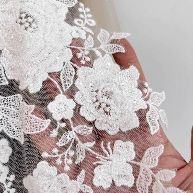 1 Yard Pair White Sequined Beaded Corded Guipure Chantilly Embroidered 3D Floral Bridal Lace Trim Applique Material Fabric JB018