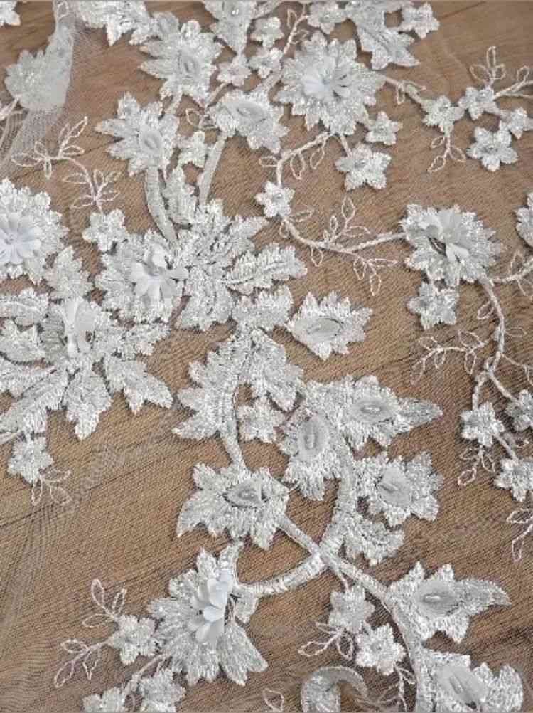 1 Yard White Sequined Beaded Corded Guipure Chantilly Embroidered 3D Floral Bridal Lace Trim Applique Material Fabric JB007
