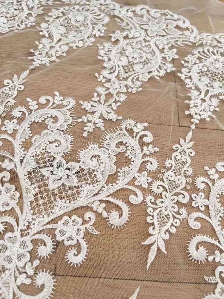 1 Yard Pair White Sequined Beaded Corded Guipure Chantilly Embroidered 3D Floral Bridal Lace Trim Applique Material Fabric JB029