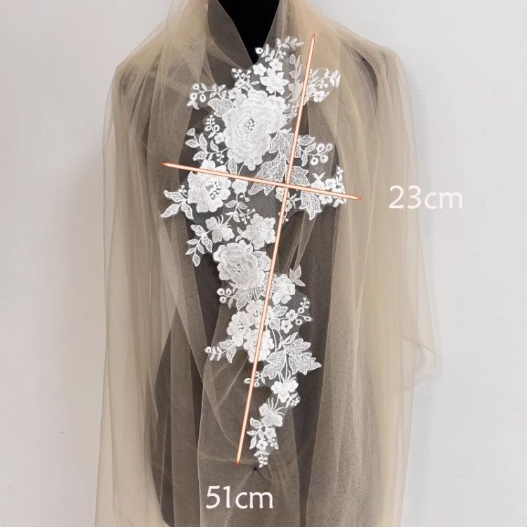 1 Yard Pair White Sequined Beaded Corded Guipure Chantilly Embroidered 3D Floral Bridal Lace Trim Applique Material Fabric JB018