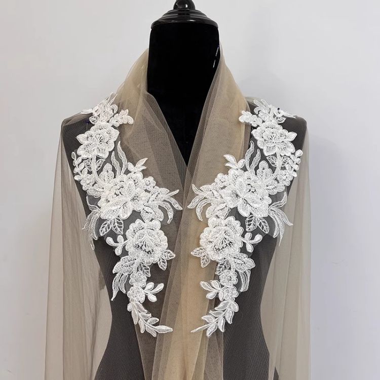 1 Yard White Sequined Beaded Corded Guipure Chantilly Embroidered 3D Floral Bridal Lace Trim Applique Material Fabric JB003