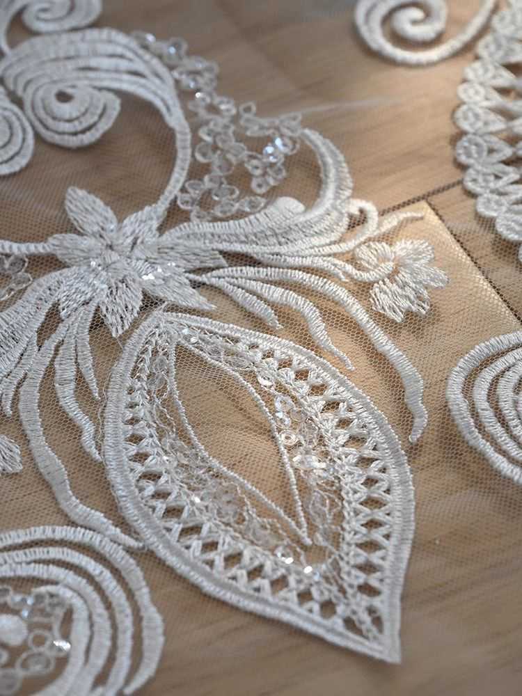 1 Yard White Sequined Beaded Corded Guipure Chantilly Embroidered 3D Floral Bridal Lace Trim Applique Material Fabric JB002
