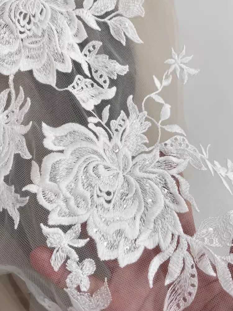 1 Yard Pair White Sequined Beaded Corded Guipure Chantilly Embroidered 3D Floral Bridal Lace Trim Applique Material Fabric JB020