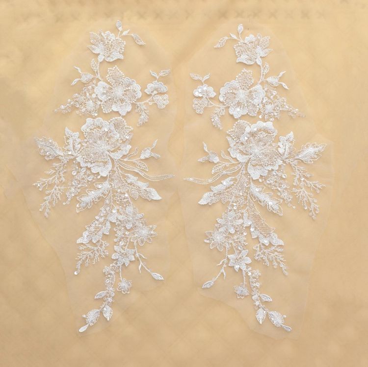 1 Yard Pair White Sequined Beaded Corded Guipure Chantilly Embroidered 3D Floral Bridal Lace Trim Applique Material Fabric JB022