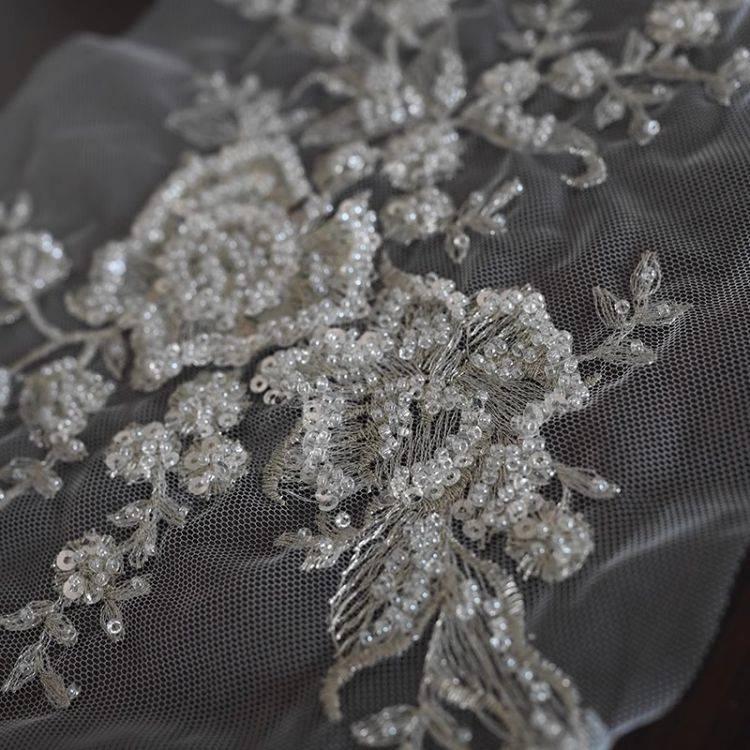 1 Yard Pair White Sequined Beaded Corded Guipure Chantilly Embroidered 3D Floral Bridal Lace Trim Applique Material Fabric JB017