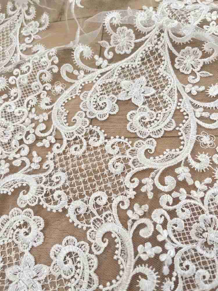 1 Yard Pair White Sequined Beaded Corded Guipure Chantilly Embroidered 3D Floral Bridal Lace Trim Applique Material Fabric JB029