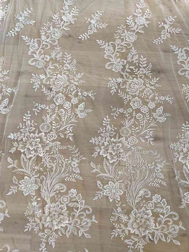 1 Yard White Sequined Beaded Corded Guipure Chantilly Embroidered 3D Floral Bridal Lace Trim Applique Material Fabric JB005