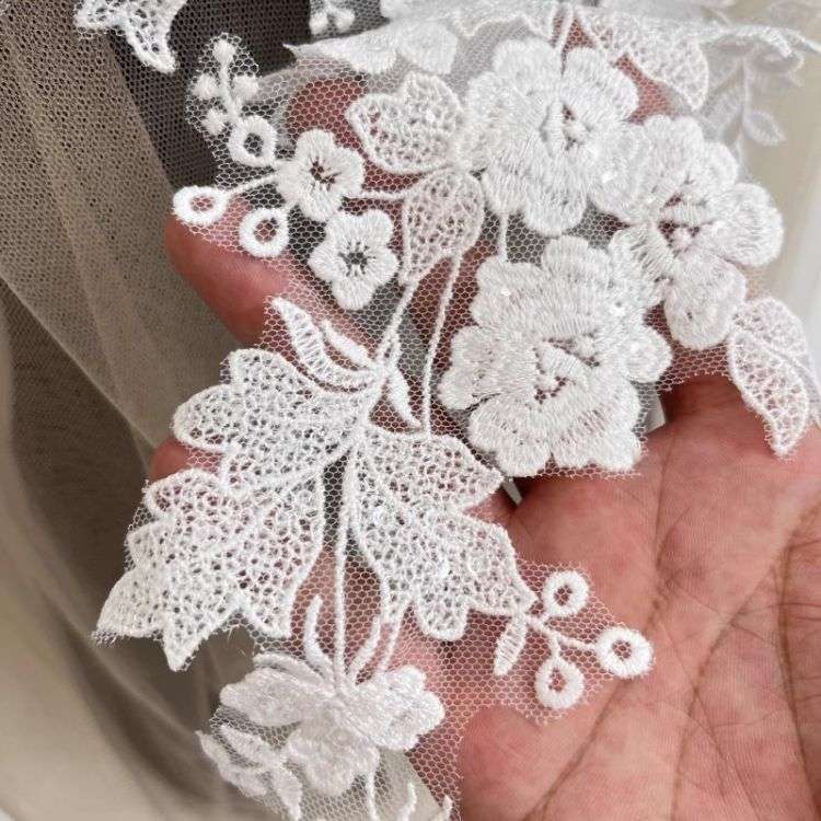 1 Yard Pair White Sequined Beaded Corded Guipure Chantilly Embroidered 3D Floral Bridal Lace Trim Applique Material Fabric JB018