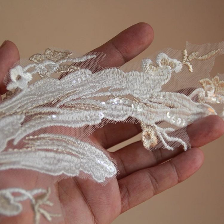 1 Yard Pair White Sequined Beaded Corded Guipure Chantilly Embroidered 3D Floral Bridal Lace Trim Applique Material Fabric JB024