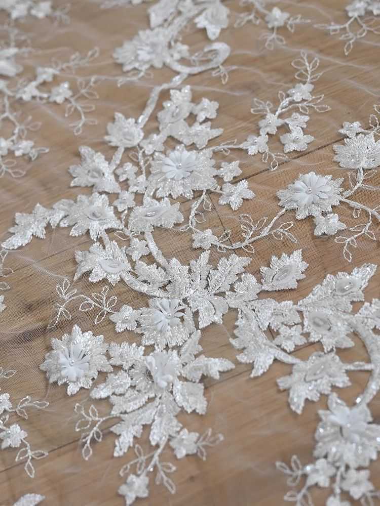 1 Yard White Sequined Beaded Corded Guipure Chantilly Embroidered 3D Floral Bridal Lace Trim Applique Material Fabric JB007