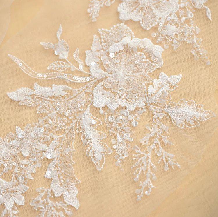 1 Yard Pair White Sequined Beaded Corded Guipure Chantilly Embroidered 3D Floral Bridal Lace Trim Applique Material Fabric JB022