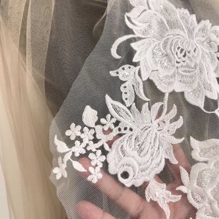 1 Yard Pair White Sequined Beaded Corded Guipure Chantilly Embroidered 3D Floral Bridal Lace Trim Applique Material Fabric JB020