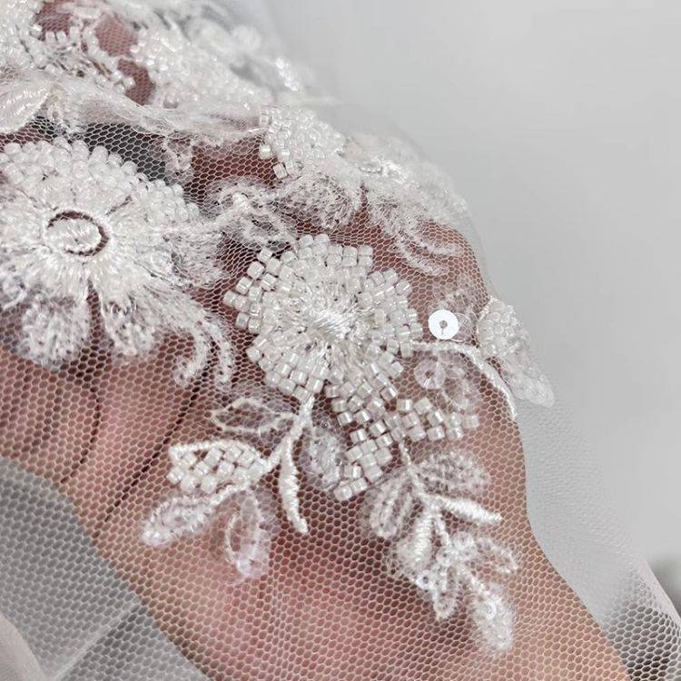 1 Yard Pair White Sequined Beaded Corded Guipure Chantilly Embroidered 3D Floral Bridal Lace Trim Applique Material Fabric JB026