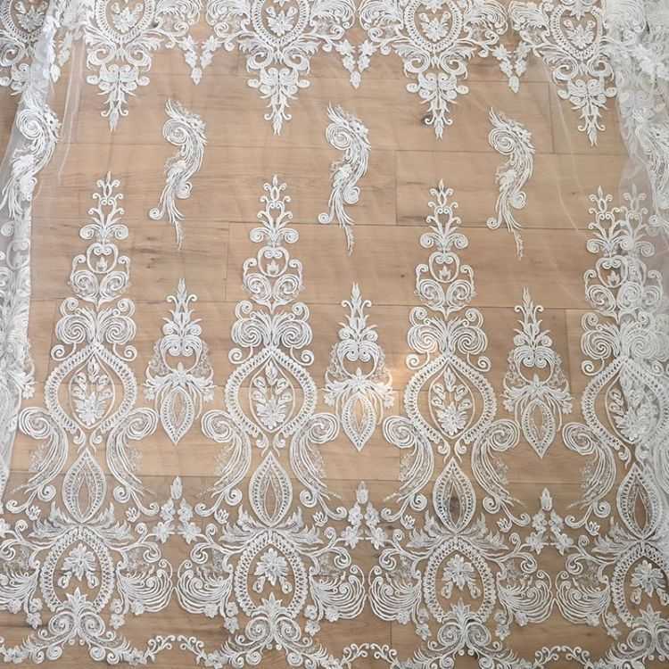 1 Yard White Sequined Beaded Corded Guipure Chantilly Embroidered 3D Floral Bridal Lace Trim Applique Material Fabric JB002
