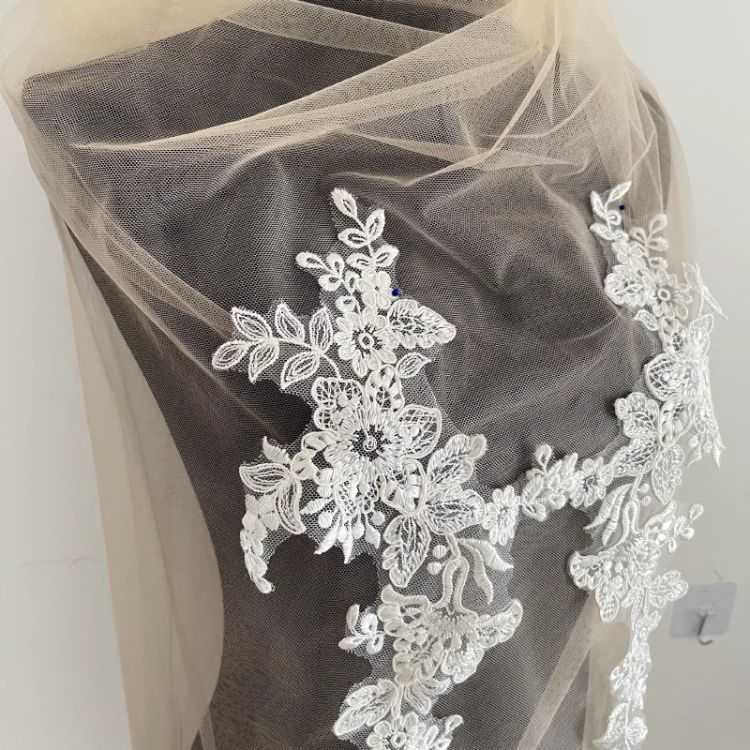 1 Yard White Sequined Beaded Corded Guipure Chantilly Embroidered 3D Floral Bridal Lace Trim Applique Material Fabric JB004