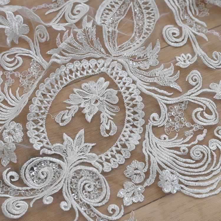 1 Yard White Sequined Beaded Corded Guipure Chantilly Embroidered 3D Floral Bridal Lace Trim Applique Material Fabric JB002